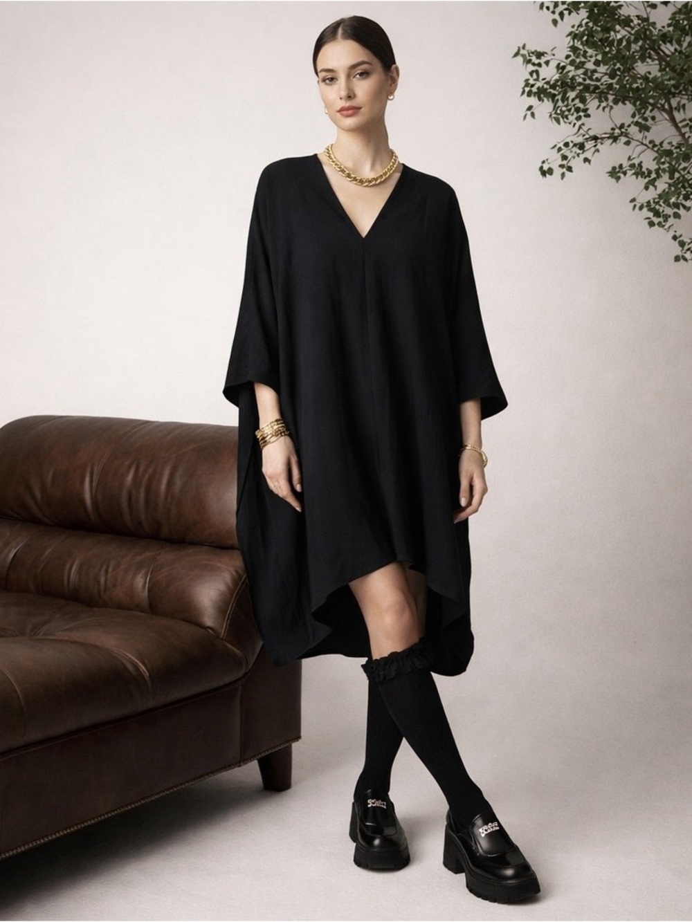 The Row Iona Draped Crepe Black V-Neck Dress
